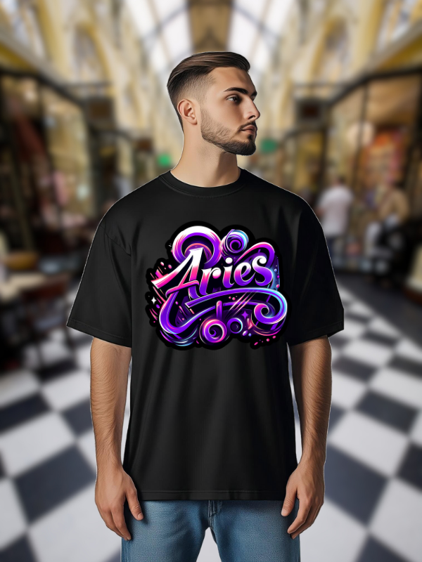 Aries Zodiac Art T-shirt, Black Cotton, Neon Purple and Pink Design, Unisex