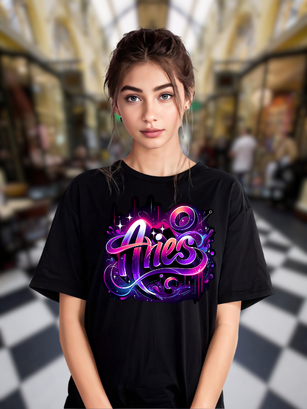 Aries Zodiac Art T-shirt, Black Cotton, Neon Purple and Pink Design, Unisex