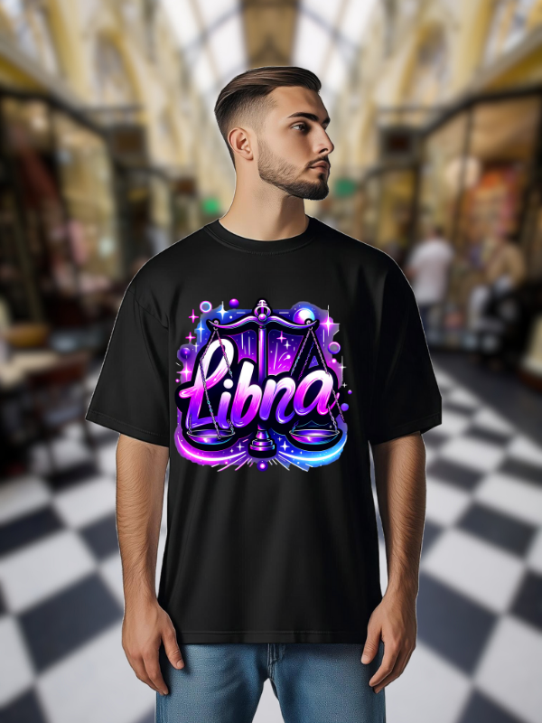 Libra Zodiac Art T-shirt, Black Cotton, Neon Purple and Blue Design, Unisex