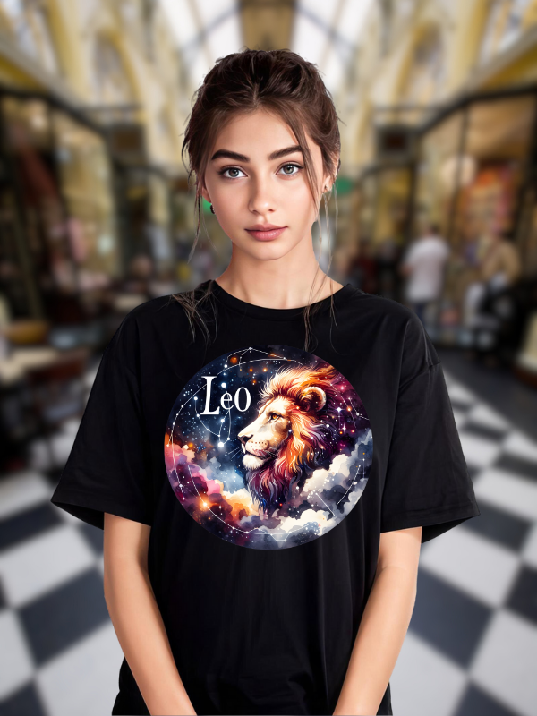 Leo Zodiac Unisex T-Shirt, Black Cotton, Cosmic Lion Galaxy Design
