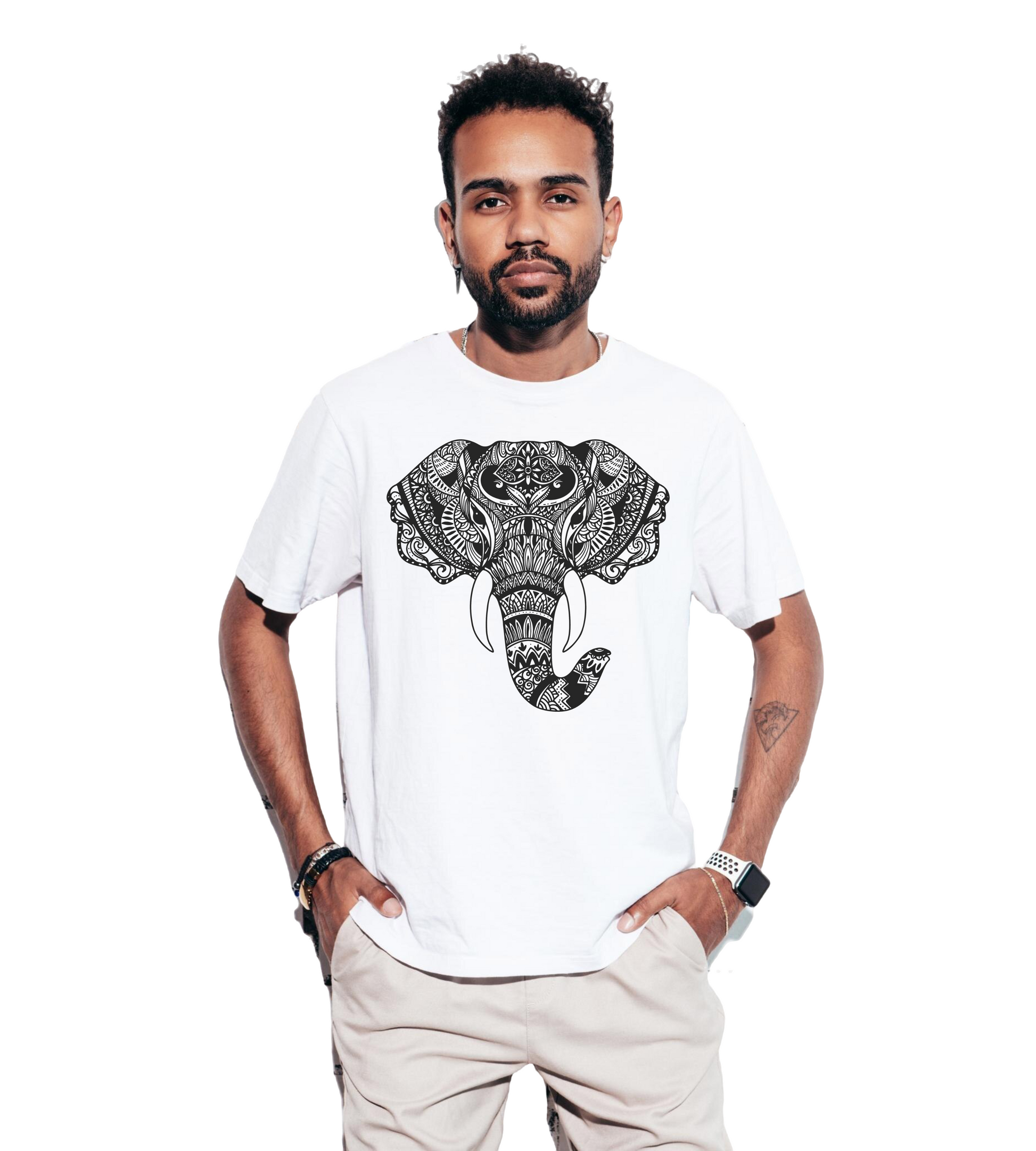 Pepbliss Round Neck White T-Shirt Mandala Art Design Elephant