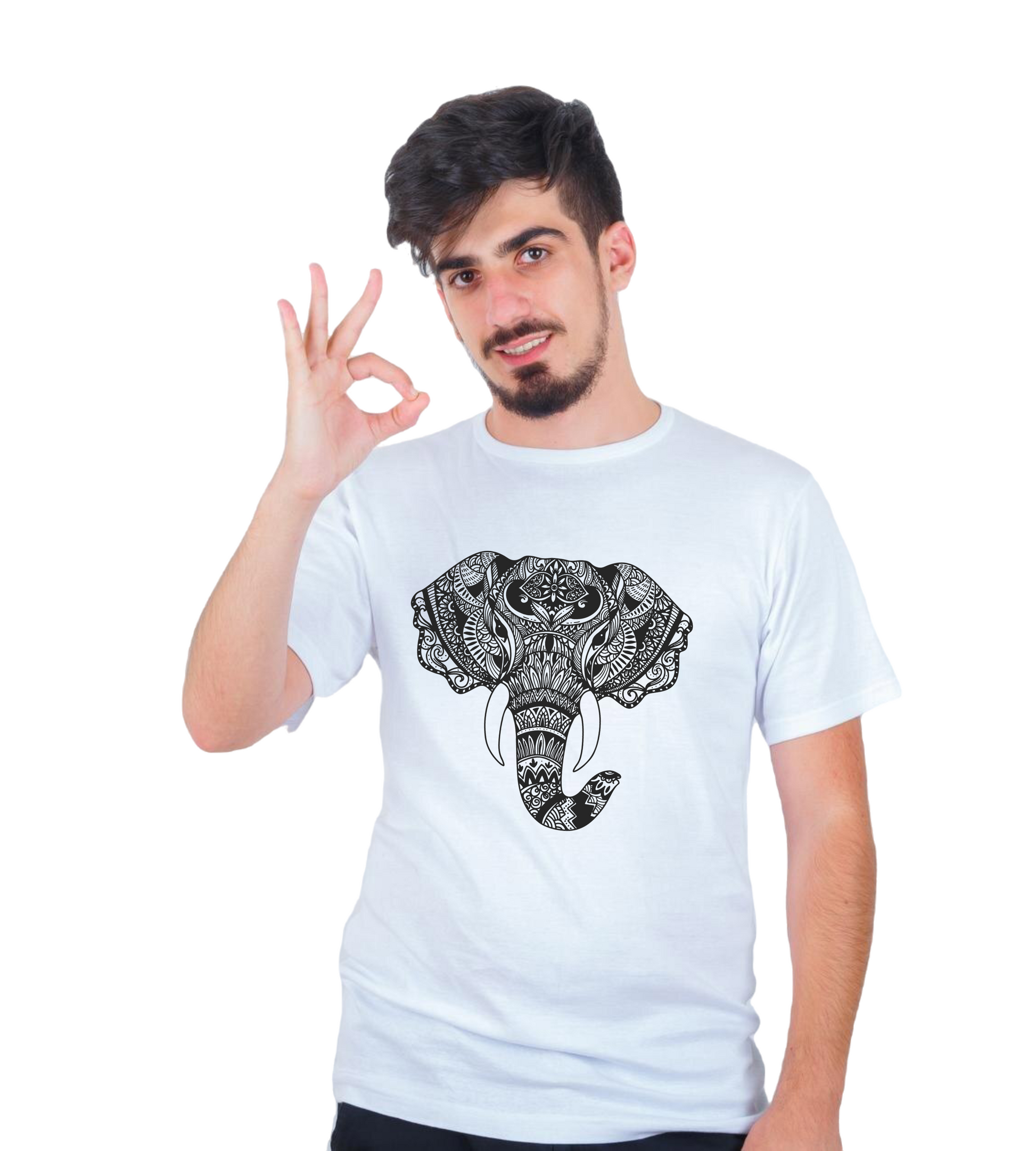Pepbliss Round Neck White T-Shirt Mandala Art Design Elephant