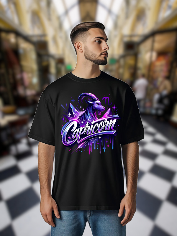 Capricorn Zodiac Art T-shirt, Black Cotton, Neon Purple Design, Unisex