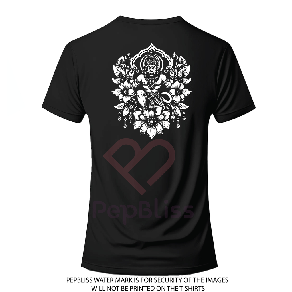 Hanuman Devotional T-Shirt, Black Cotton, Spiritual Design with Floral Art