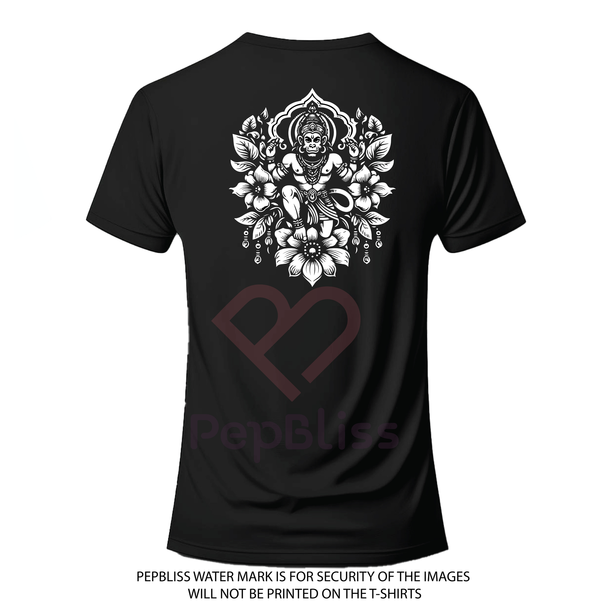 Hanuman Devotional T-Shirt, Black Cotton, Spiritual Design with Floral Art