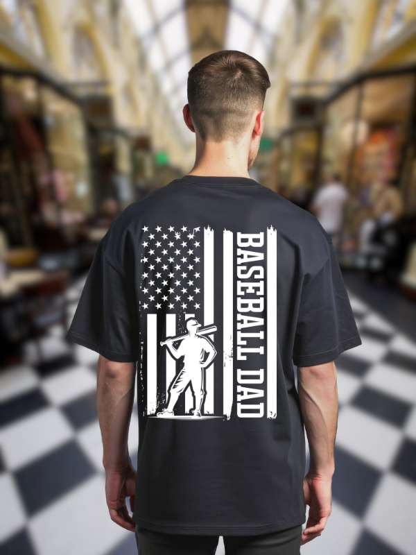 Baseball Dad American Flag Patriotic T-Shirt, Black Cotton, Unisex Graphic Print Design