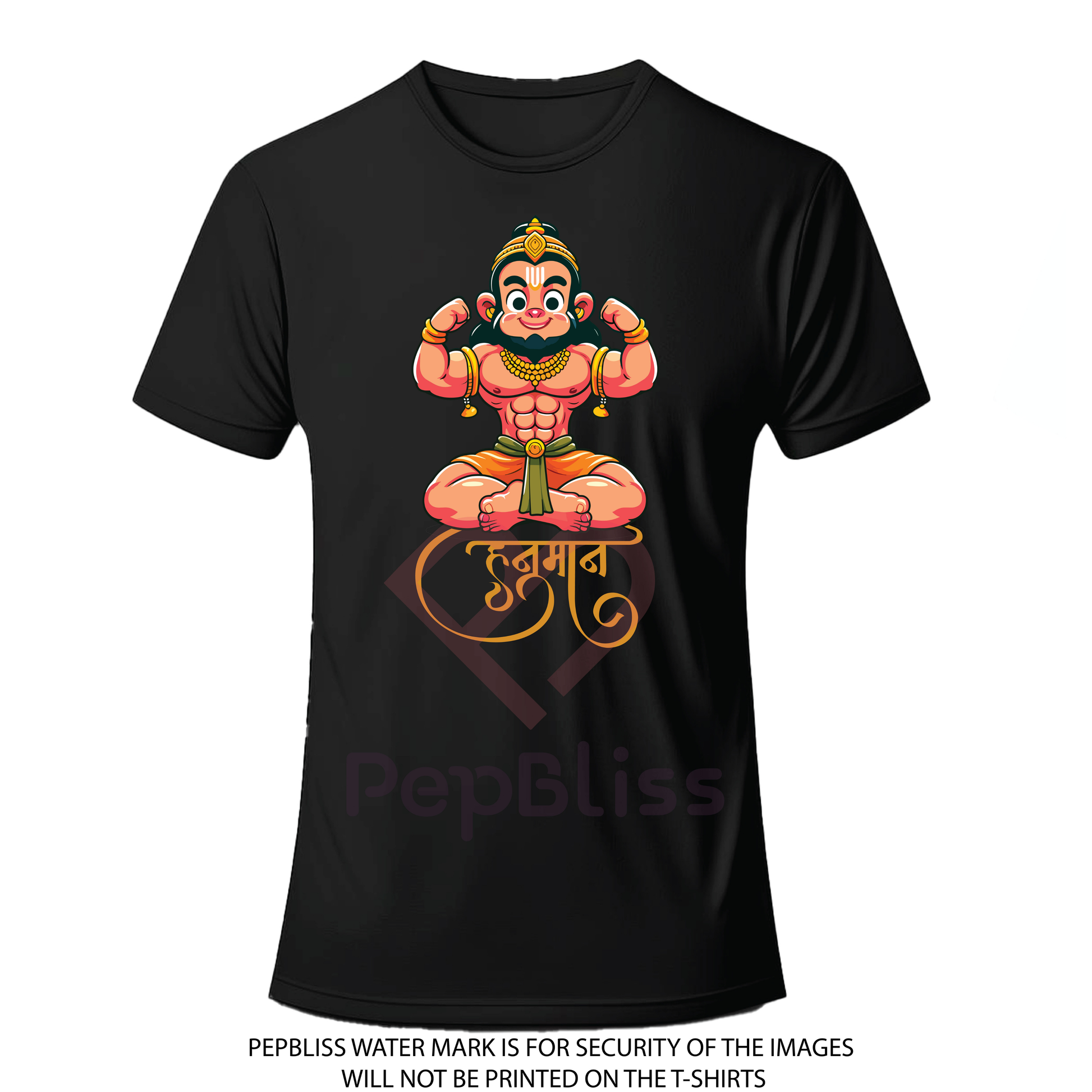 Hanuman Design with Sanskrit Text, Double-Sided Print, Black Cotton T-Shirt