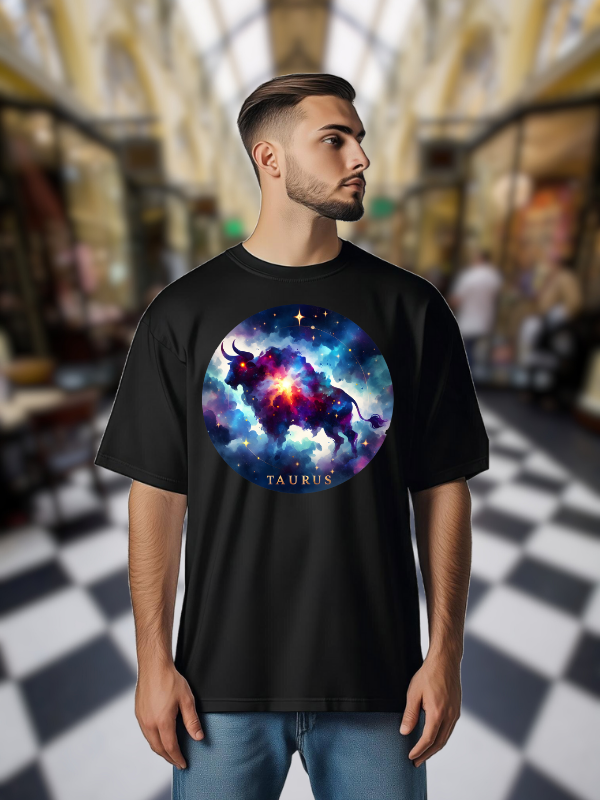 Taurus Zodiac Unisex T-Shirt, Black Cotton, Cosmic Galaxy Design
