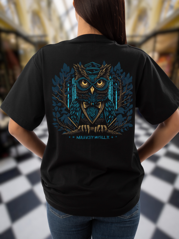 Mystic Owl Graphic T-Shirt, Black Cotton, Oversized Fit