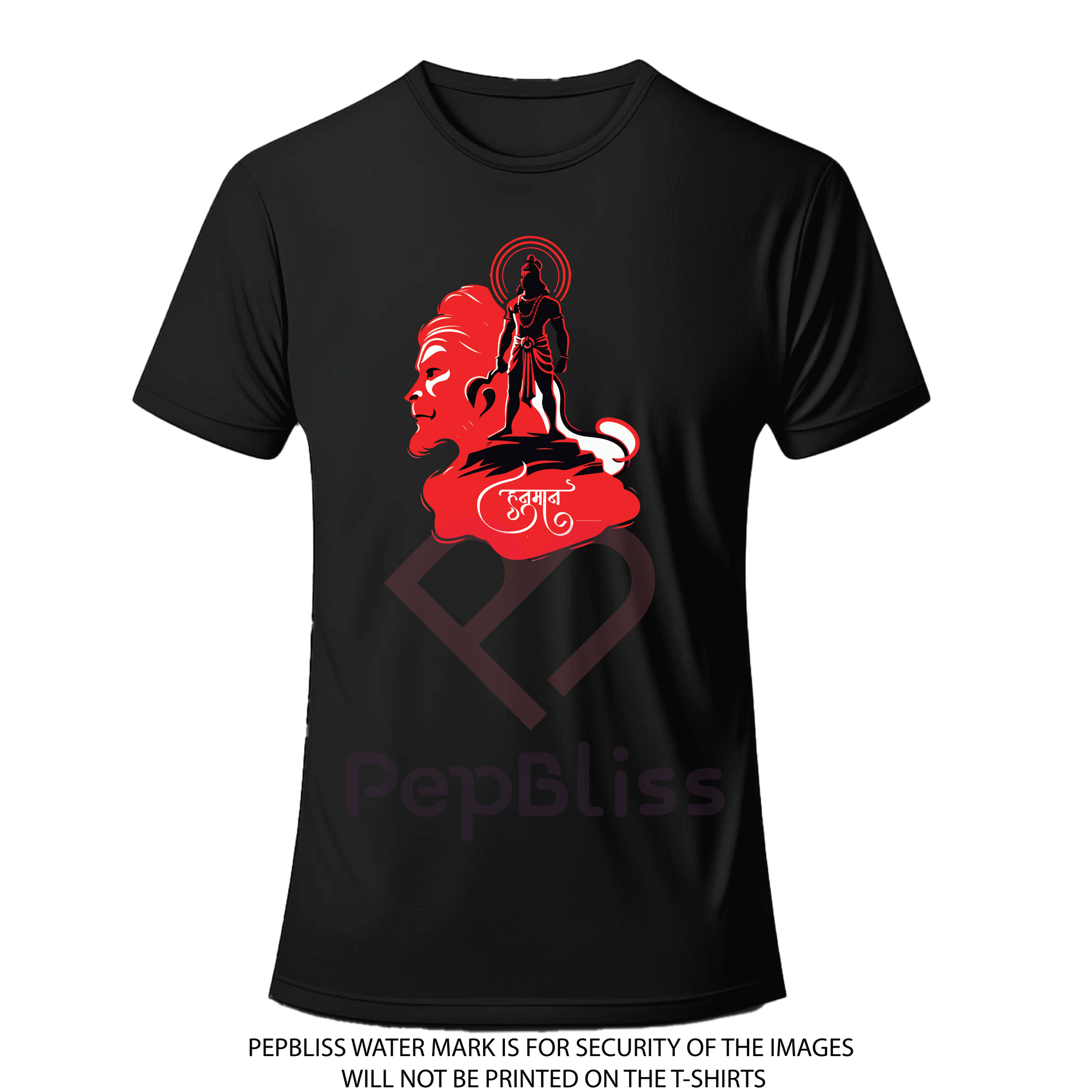Hanuman Devotional T-Shirt, Black Cotton, Red Graphic Design with Sanskrit Text