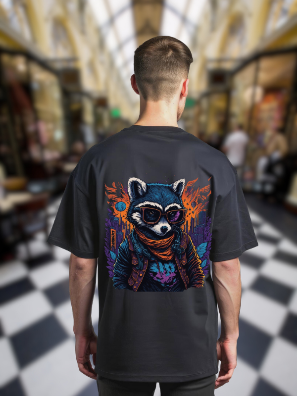 Cool Raccoon Graphic Oversized Fit T-Shirt, Black Cotton, Urban Street Style Print