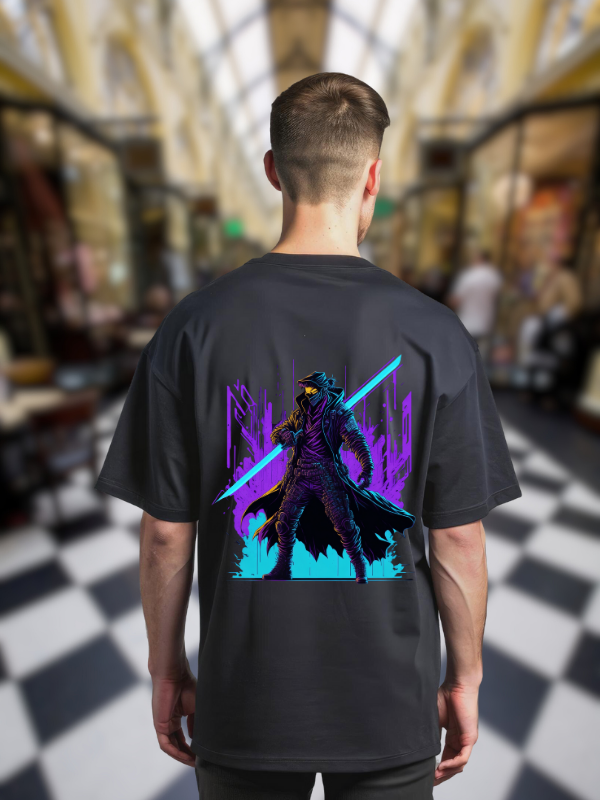 Neon Warrior Graphic T-Shirt, Black Cotton, Oversized Fit