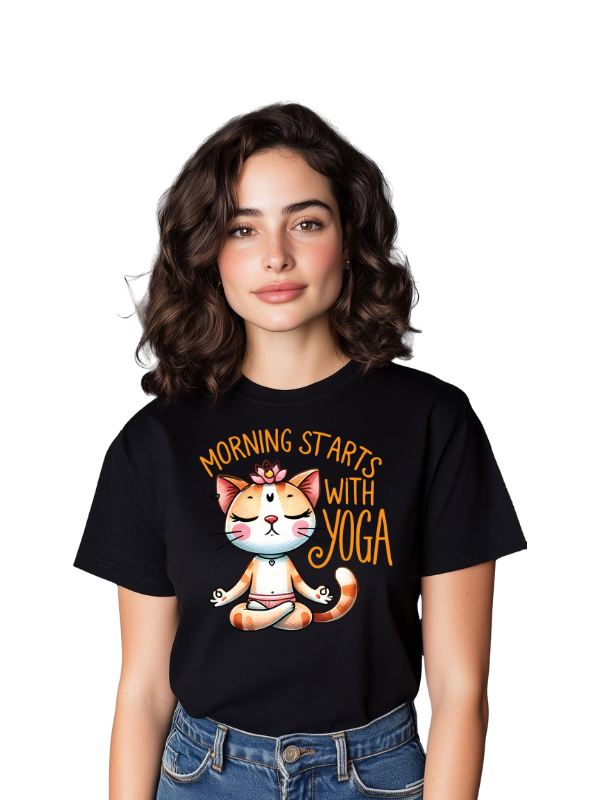 Female White Yoga T-shirt - morning start with yoga