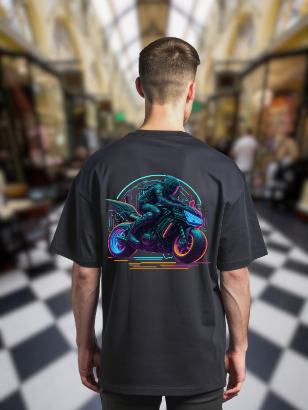 Neon Motorcycle Graphic T-Shirt, Black Cotton, Oversized Fit