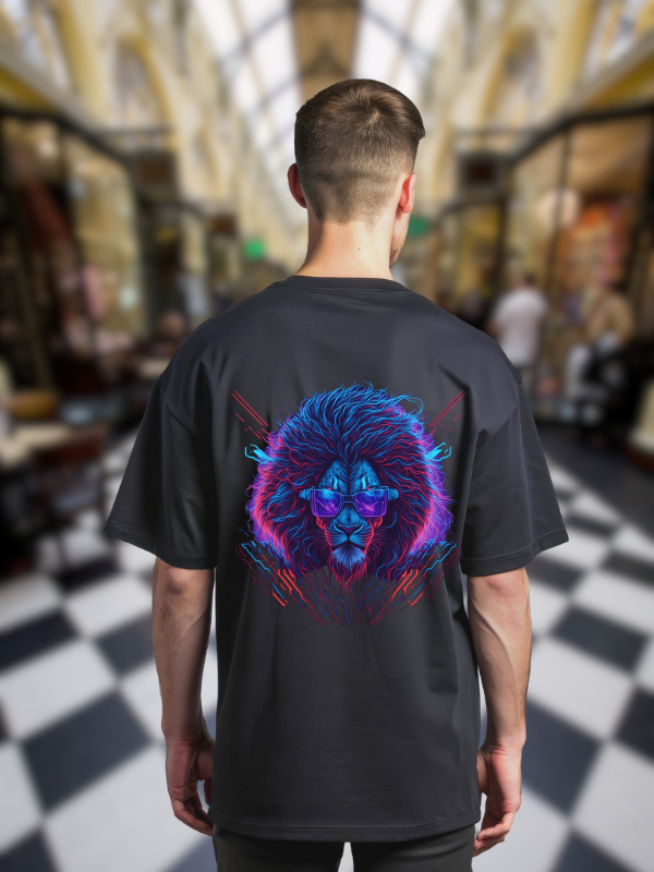 Neon Lion Graphic T-Shirt, Black Cotton, Oversized Fit