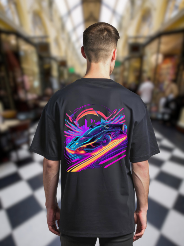 Retro Racing Car Graphic T-Shirt, Black Cotton, Oversized Fit
