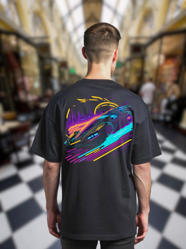 Neon Racing Car Graphic T-Shirt, Black Cotton, Oversized Fit