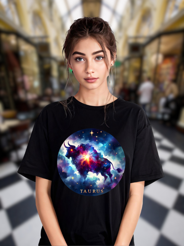 Taurus Zodiac Unisex T-Shirt, Black Cotton, Cosmic Galaxy Design