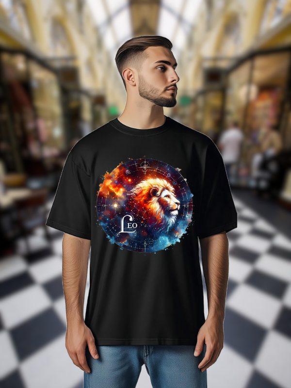 Leo Zodiac Unisex T-Shirt, Black Cotton, Cosmic Galaxy Lion Design