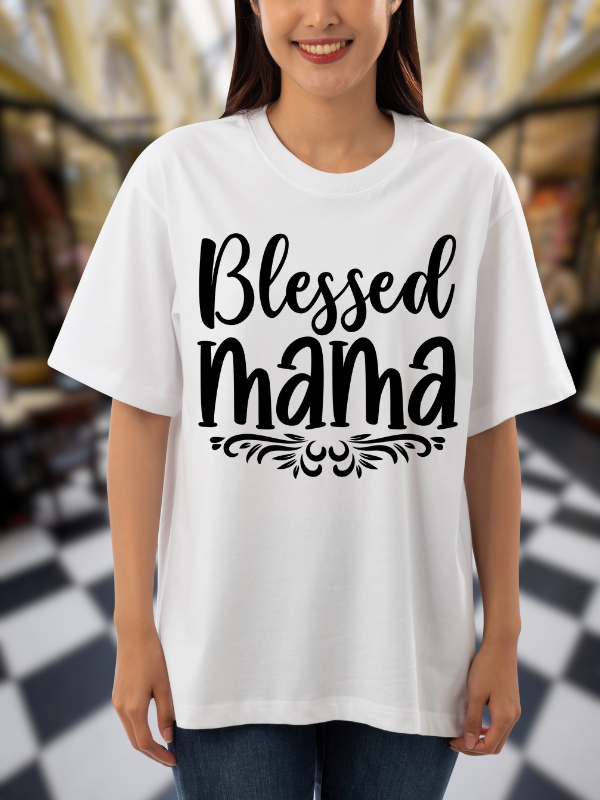 Blessed Mama Typography T-Shirt, White Cotton, Casual Graphic Design