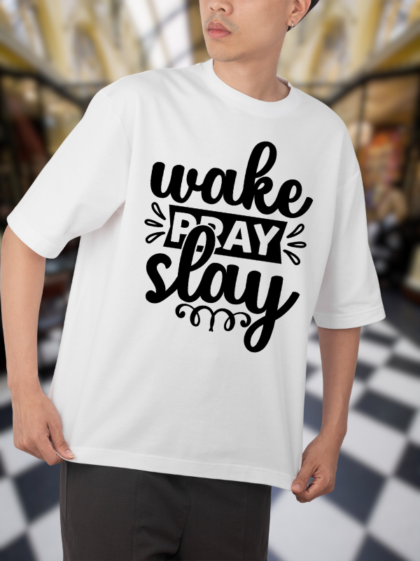 Wake Pray Slay Typography T-Shirt, White Cotton, Casual Unisex Design