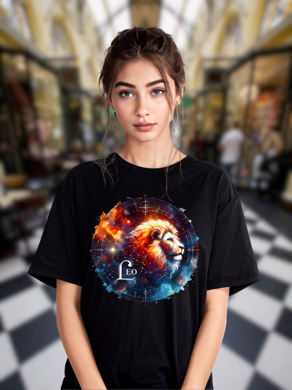 Leo Zodiac Unisex T-Shirt, Black Cotton, Cosmic Galaxy Lion Design