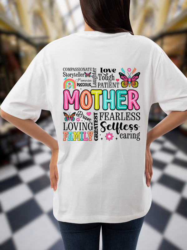 Mother Typography T-Shirt, White Cotton, Butterfly Design, Family Themed