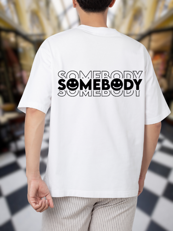 Somebody Typography Graphic T-Shirt, White Cotton, Oversized Fit