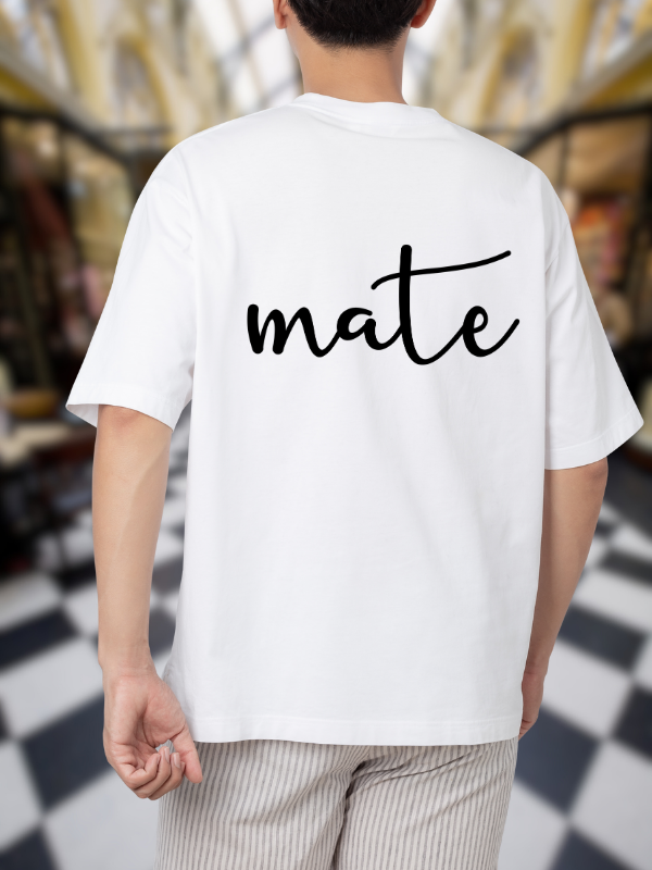 Mate Typography Graphic T-Shirt, White Cotton, Oversized Fit
