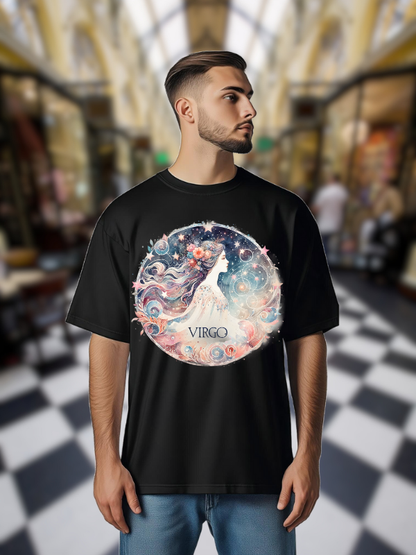 Virgo Zodiac Unisex T-Shirt, Black Cotton, Celestial Galaxy Design