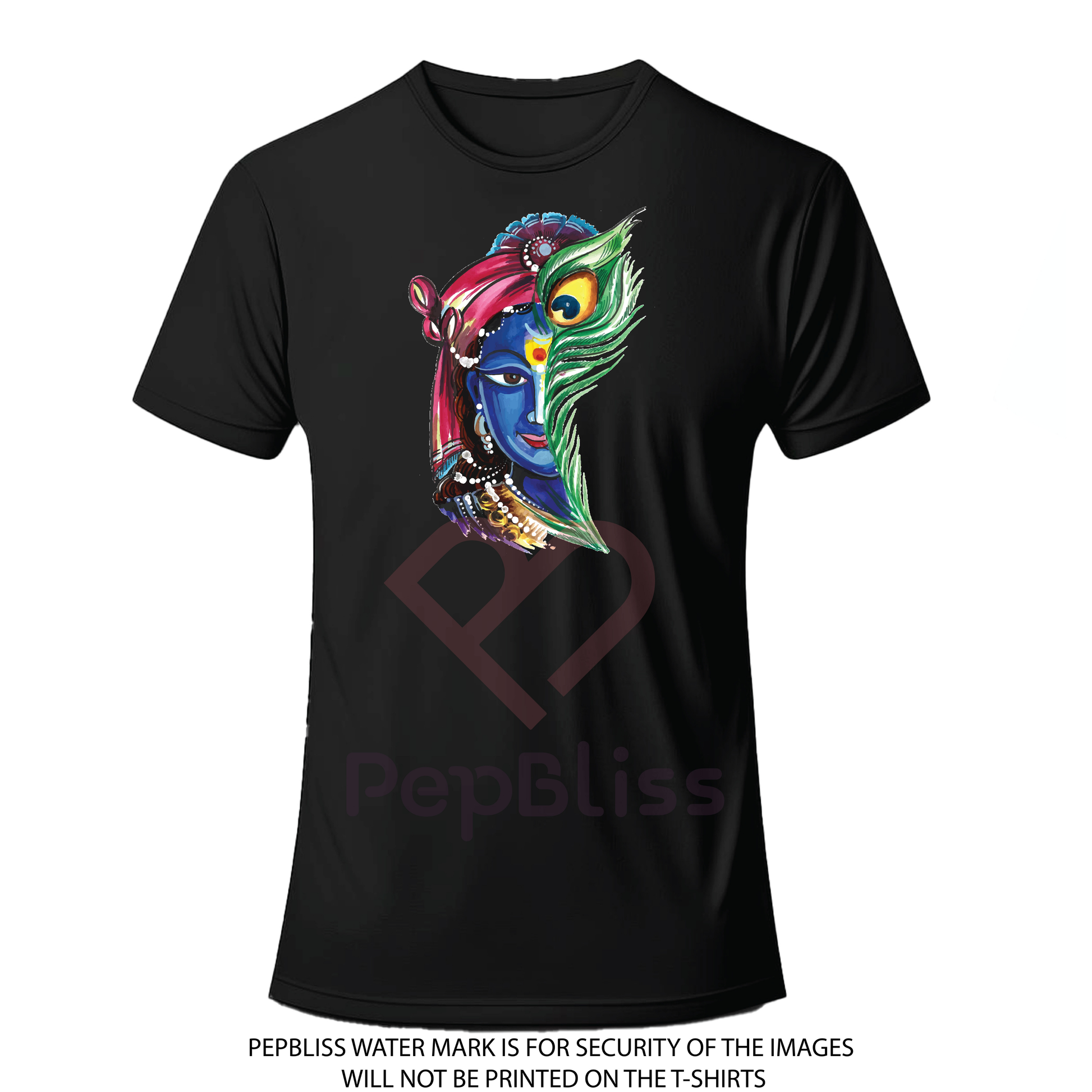 Krishna Design Cotton T-Shirt, Black, Religious Art Printed Unisex
