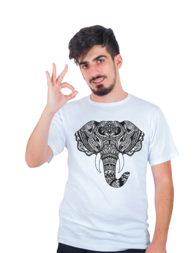 Pep Bliss Men's White Cotton T-Shirt with Black Elephant Print, Loose Fit