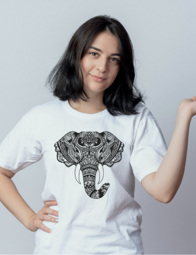 Pep Bliss Men's White Cotton T-Shirt with Black Elephant Print, Loose Fit